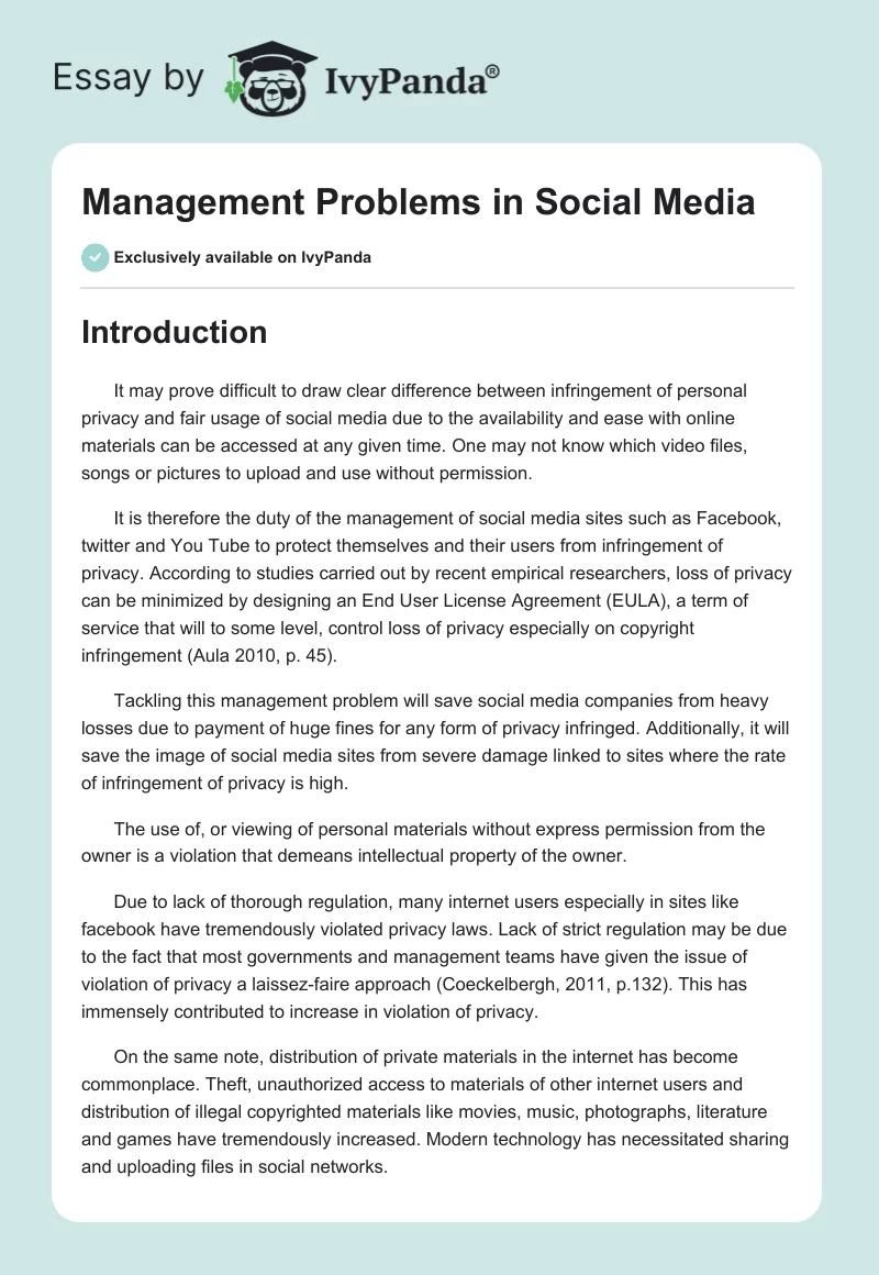 Management Problems in Social Media. Page 1