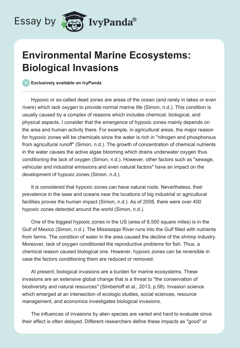 Environmental Marine Ecosystems: Biological Invasions. Page 1