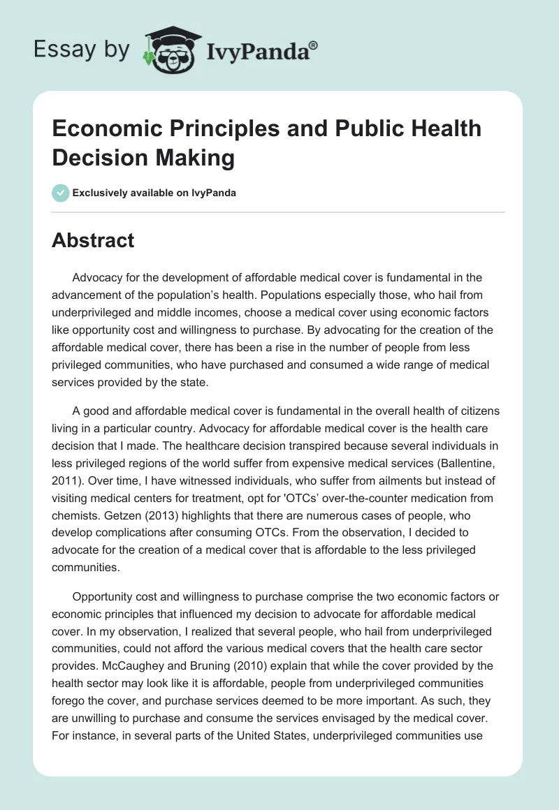 Economic Principles and Public Health Decision Making. Page 1