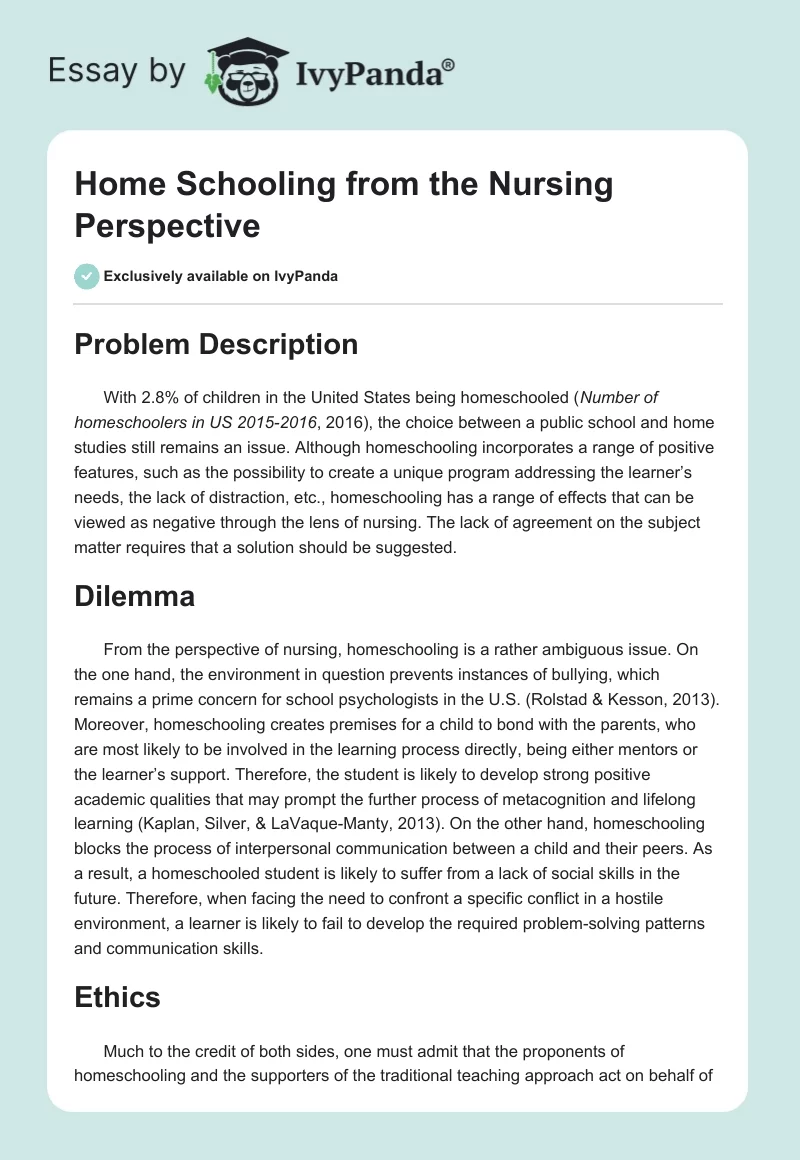 Home Schooling From the Nursing Perspective. Page 1