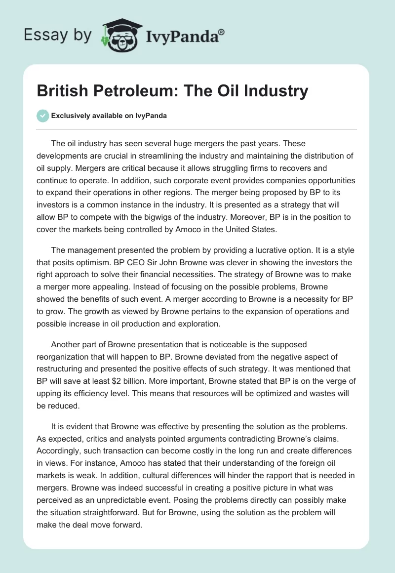 British Petroleum: The Oil Industry. Page 1