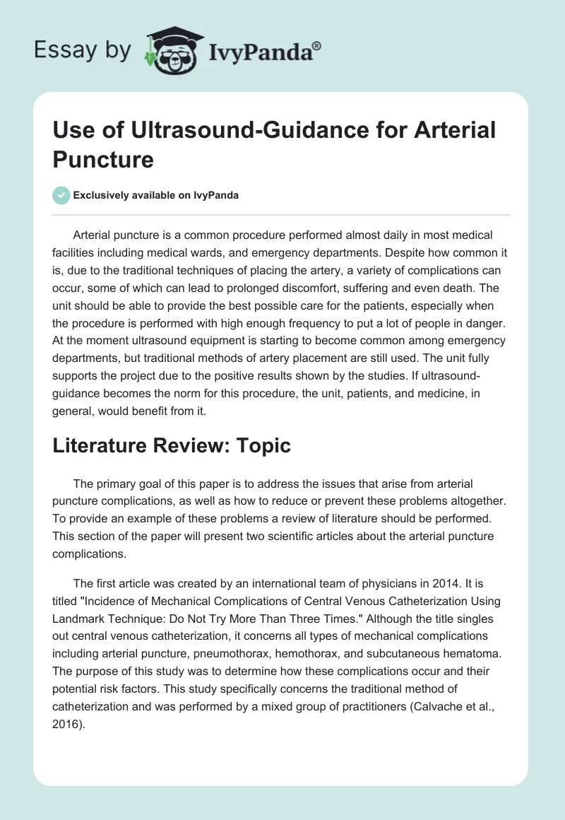 Use of Ultrasound-Guidance for Arterial Puncture. Page 1