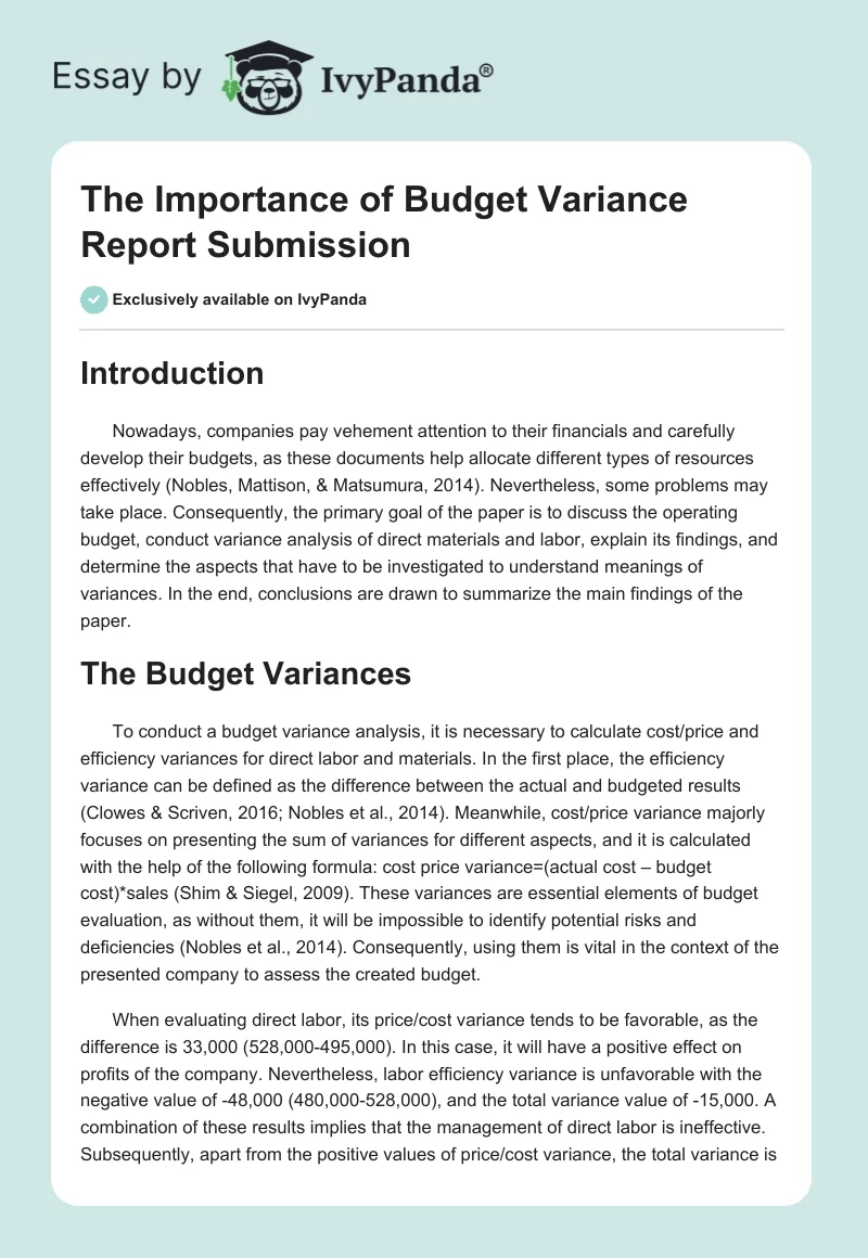 The Importance of Budget Variance Report Submission. Page 1