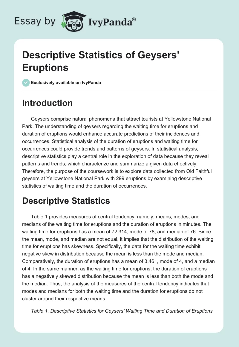 Descriptive Statistics of Geysers’ Eruptions. Page 1