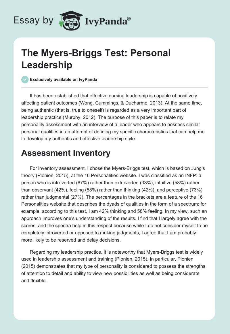 The Myers-Briggs Test: Personal Leadership. Page 1