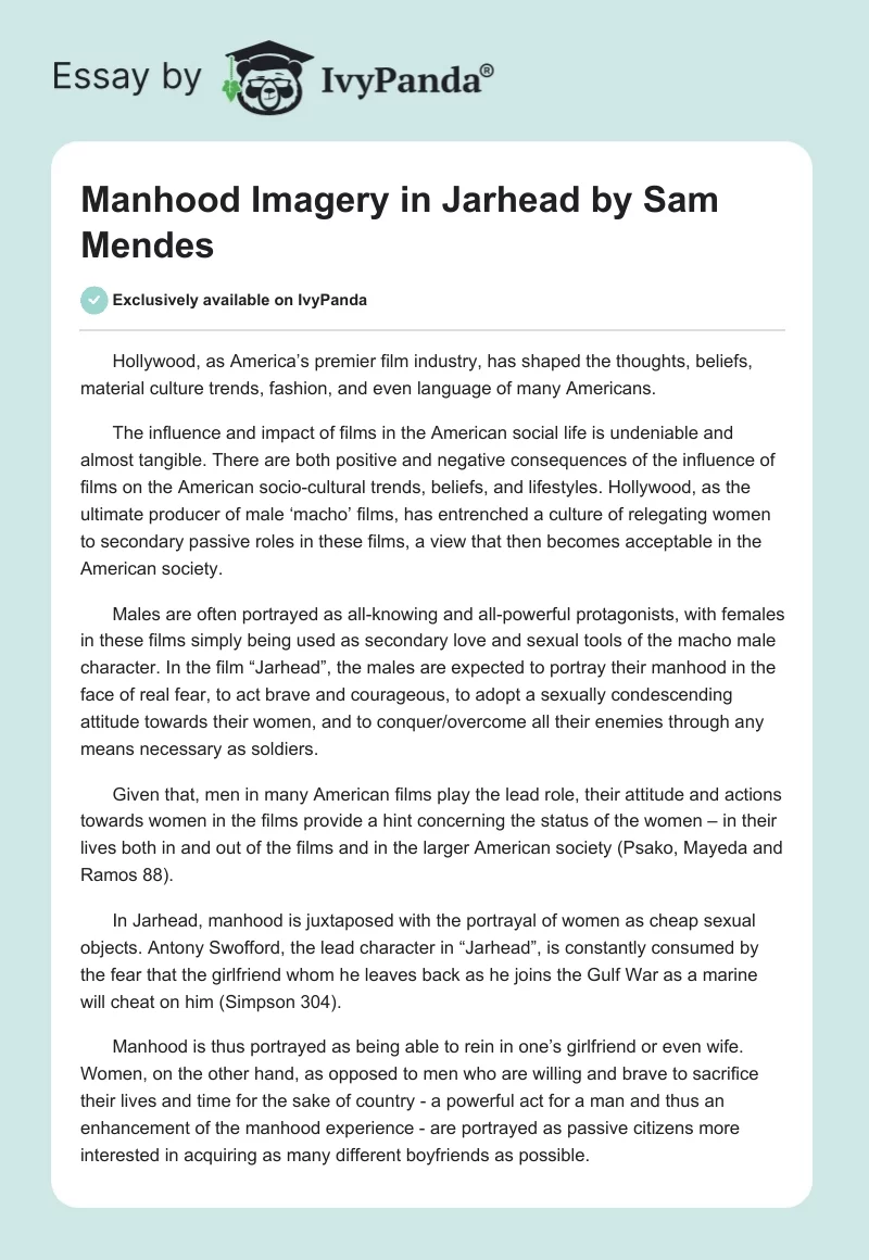 Manhood Imagery in "Jarhead" by Sam Mendes. Page 1