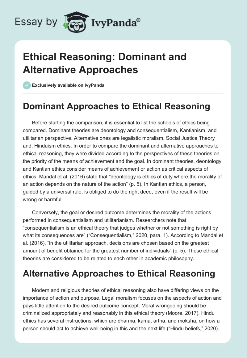 Ethical Reasoning: Dominant and Alternative Approaches. Page 1