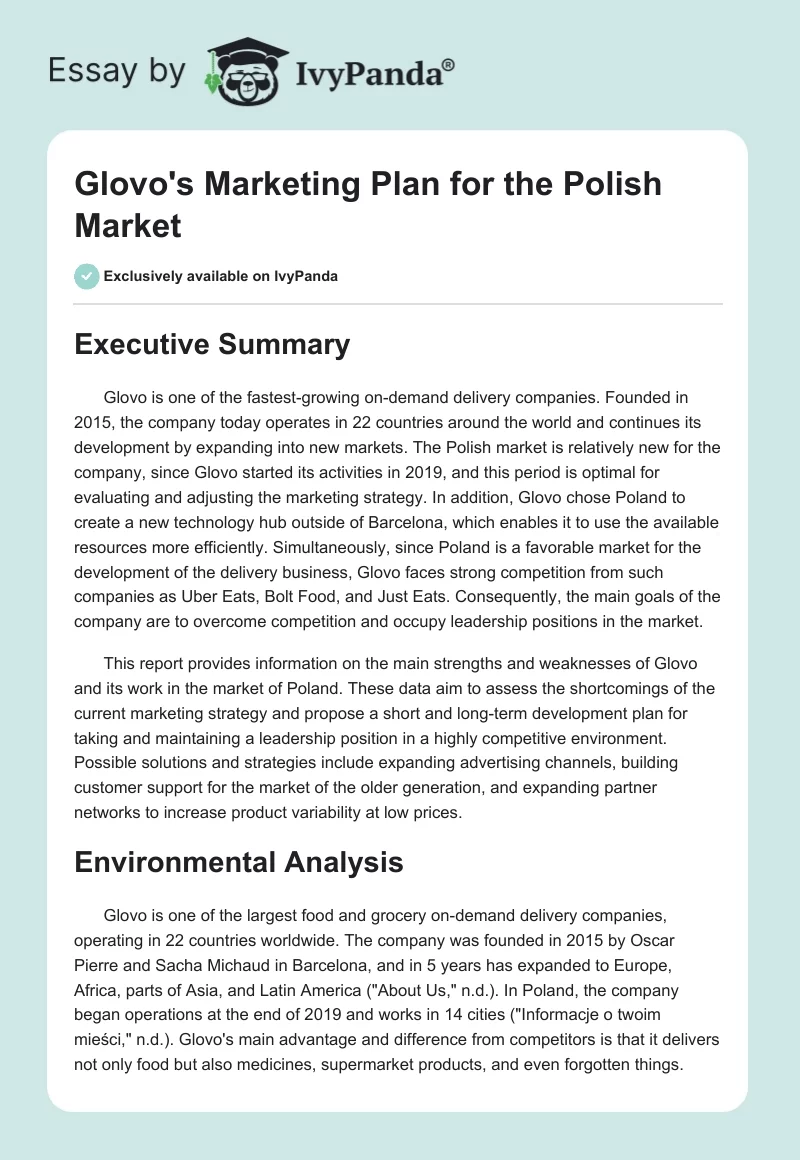 Glovo's Marketing Plan for the Polish Market. Page 1