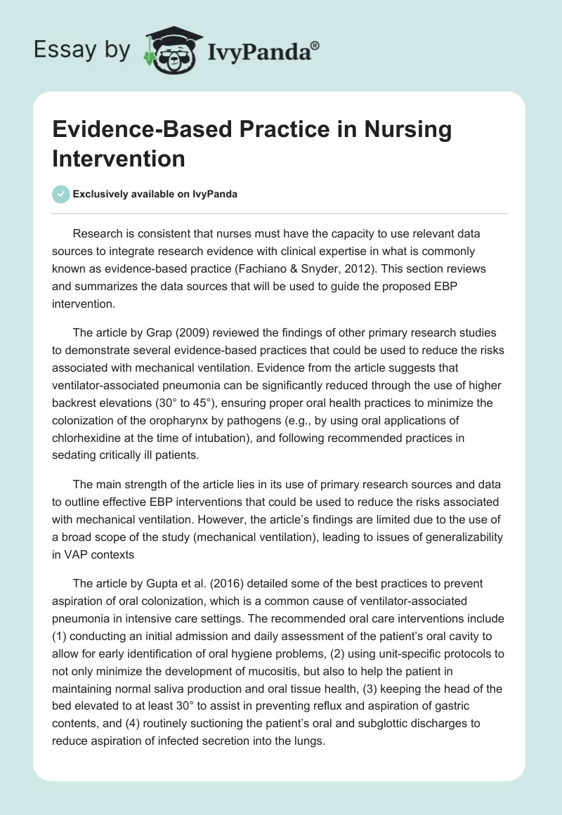 Evidence-Based Practice in Nursing Intervention. Page 1