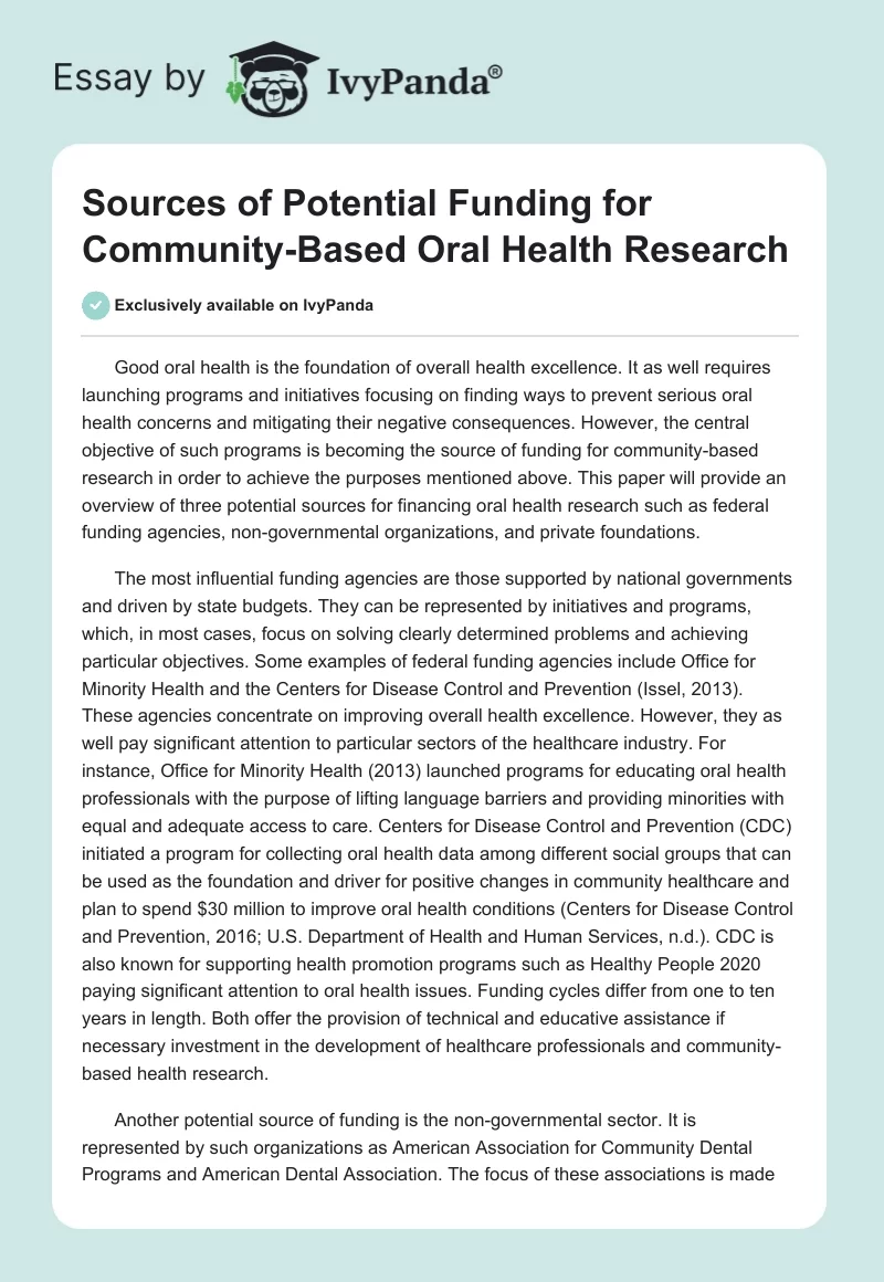 Sources of Potential Funding for Community-Based Oral Health Research. Page 1