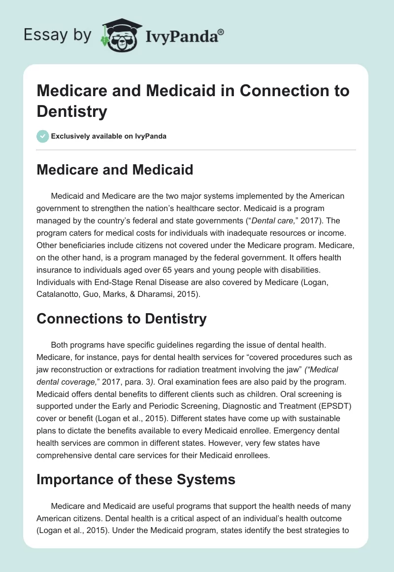 Medicare and Medicaid in Connection to Dentistry. Page 1