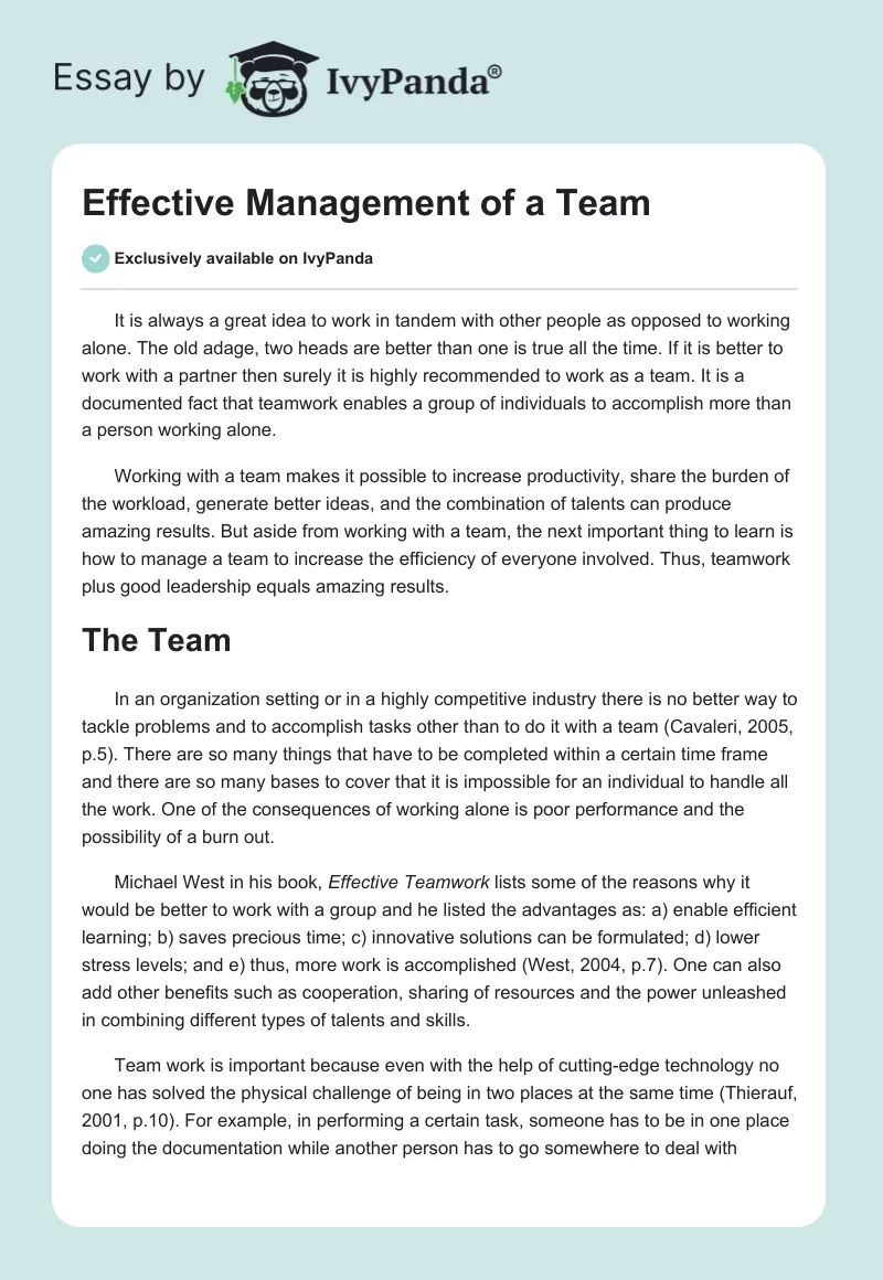 Effective Management of a Team. Page 1