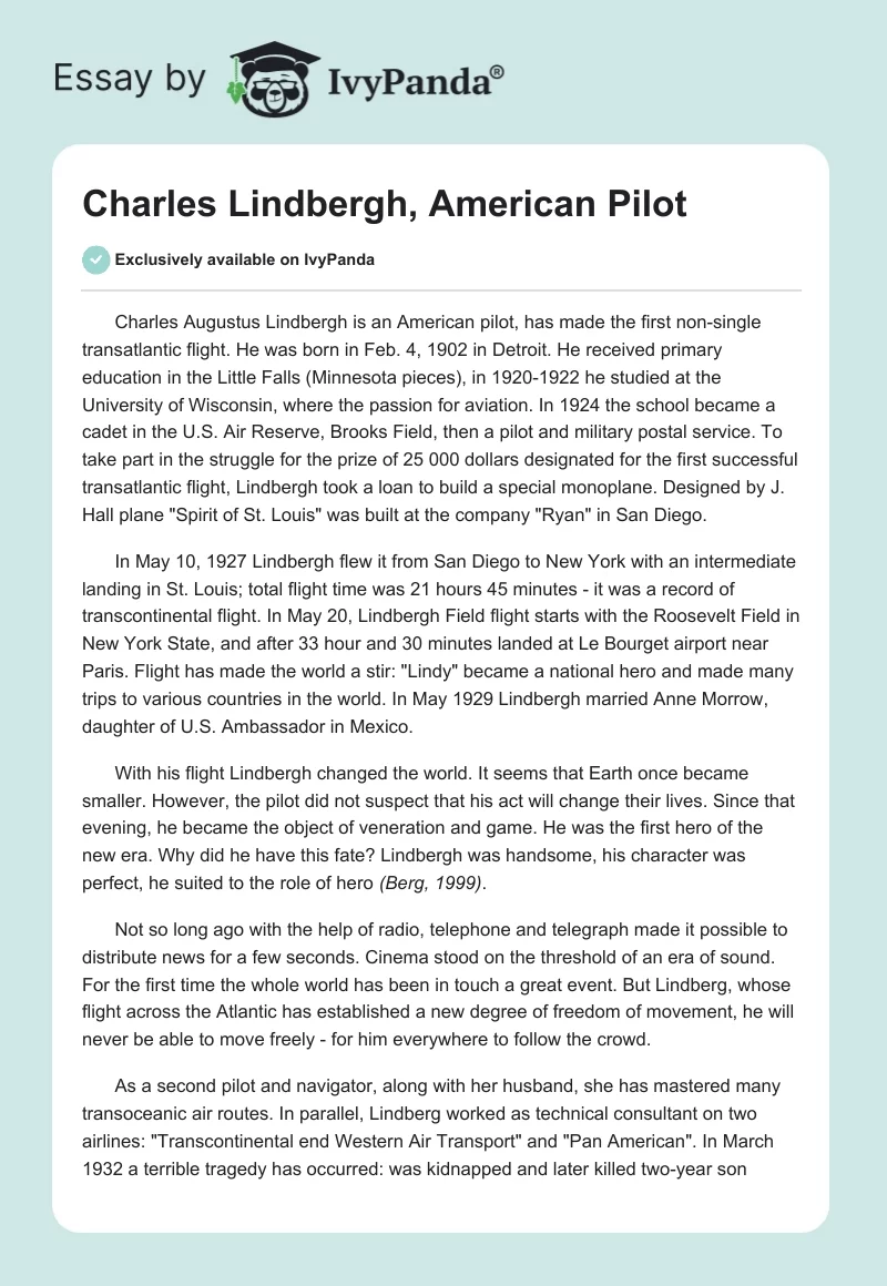 Charles Lindbergh, American Pilot. Page 1