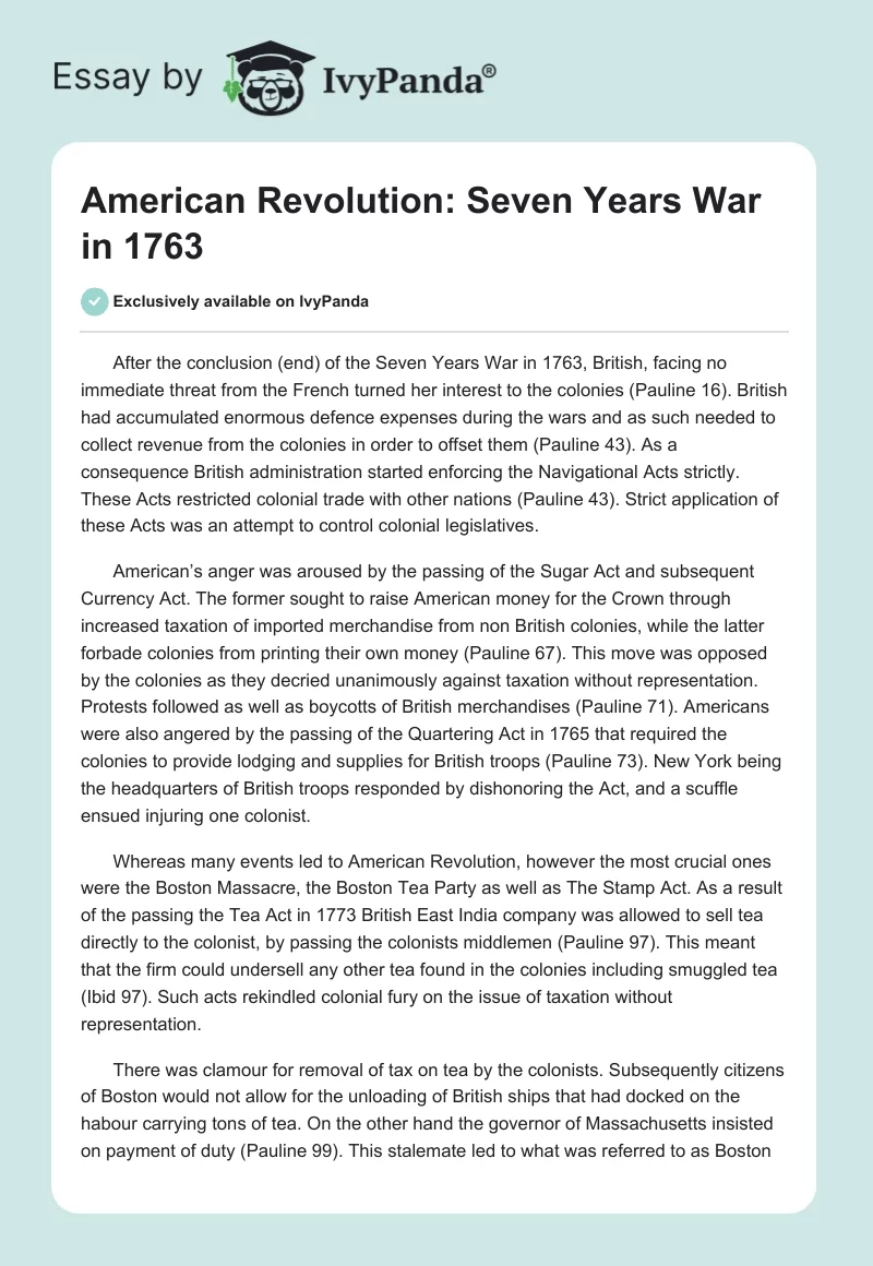 American Revolution: Seven Years War in 1763. Page 1