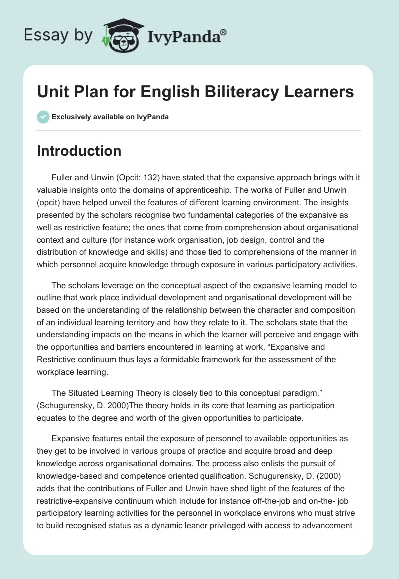 Unit Plan for English Biliteracy Learners. Page 1