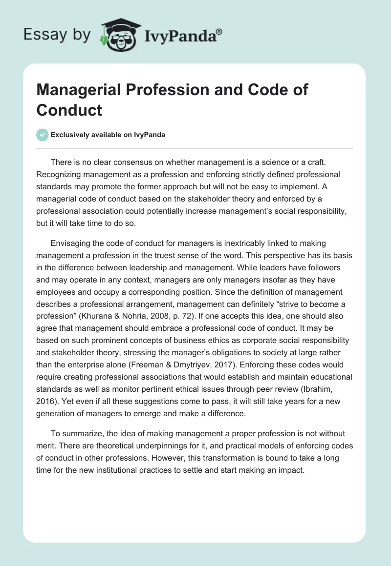 Managerial Profession and Code of Conduct. Page 1