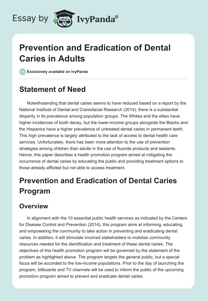 Prevention and Eradication of Dental Caries in Adults. Page 1