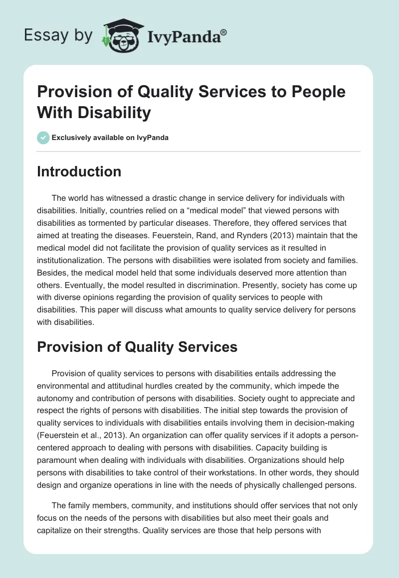 Provision of Quality Services to People With Disability. Page 1