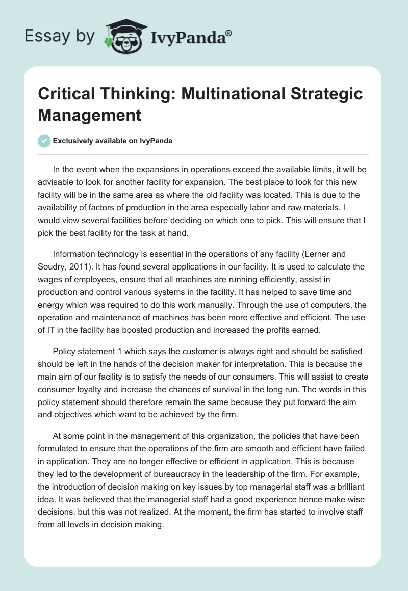 Critical Thinking: Multinational Strategic Management. Page 1