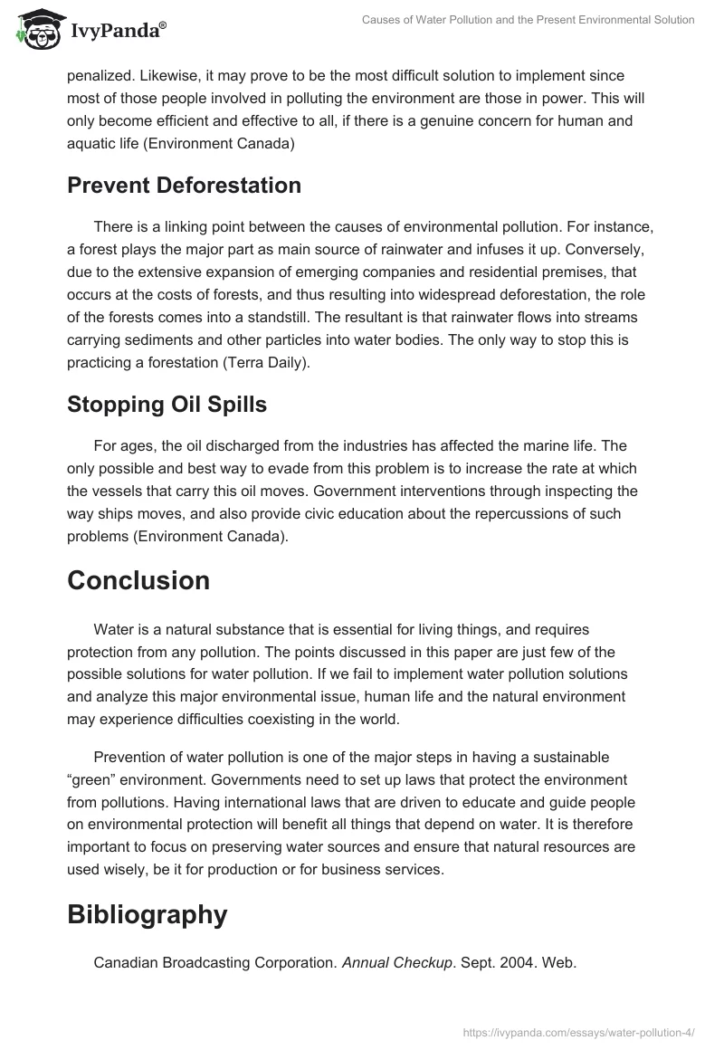 Causes of Water Pollution and the Present Environmental Solution. Page 4