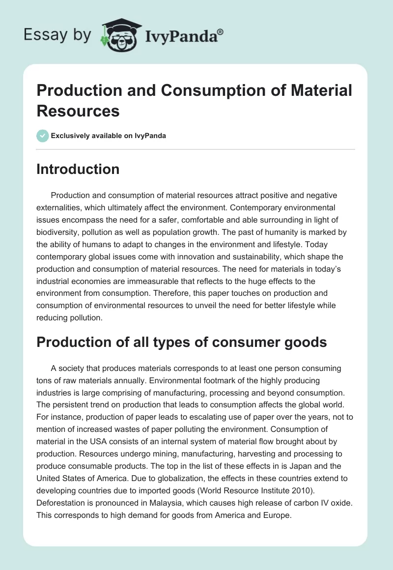 Production and Consumption of Material Resources. Page 1