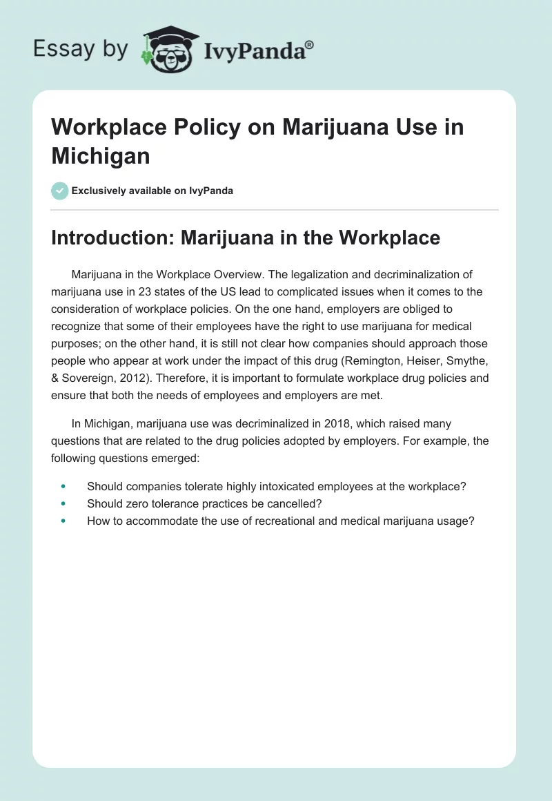 Workplace Policy on Marijuana Use in Michigan. Page 1