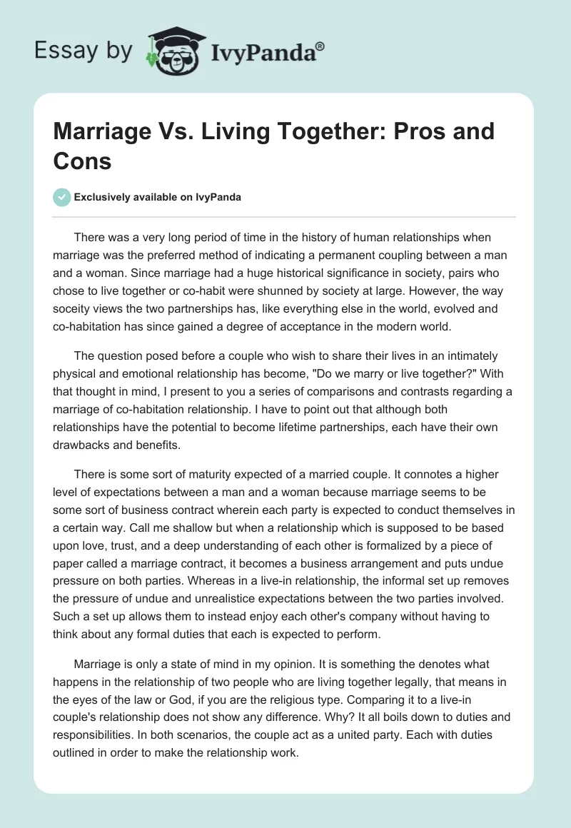 Marriage Vs. Living Together: Pros and Cons. Page 1