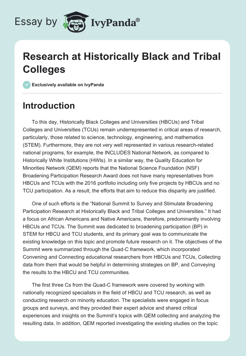 Research at Historically Black and Tribal Colleges. Page 1