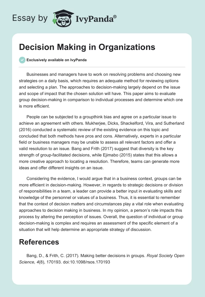 Decision Making in Organizations. Page 1