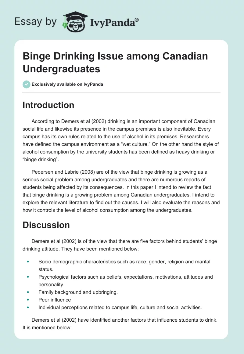 Binge Drinking Issue among Canadian Undergraduates. Page 1
