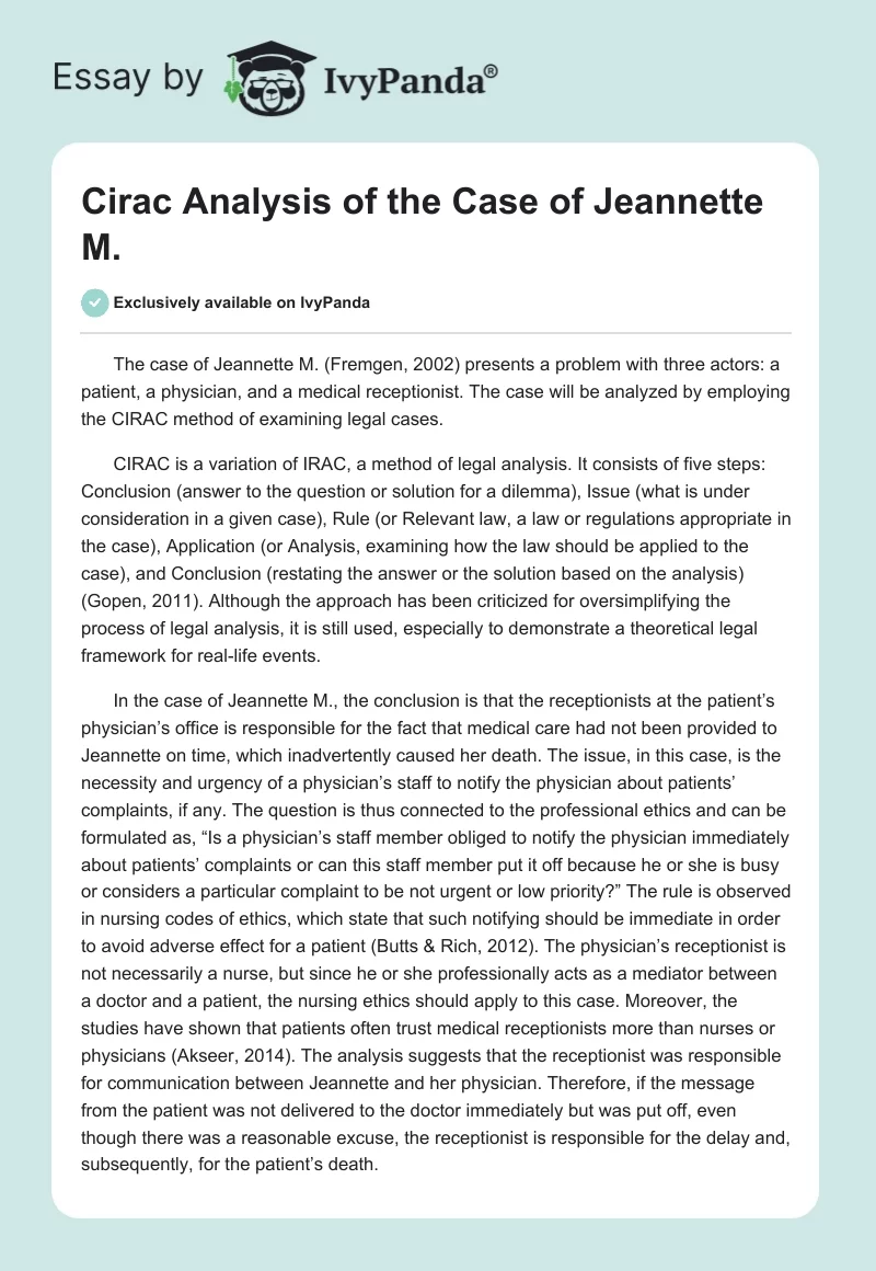 Cirac Analysis of the Case of Jeannette M.. Page 1