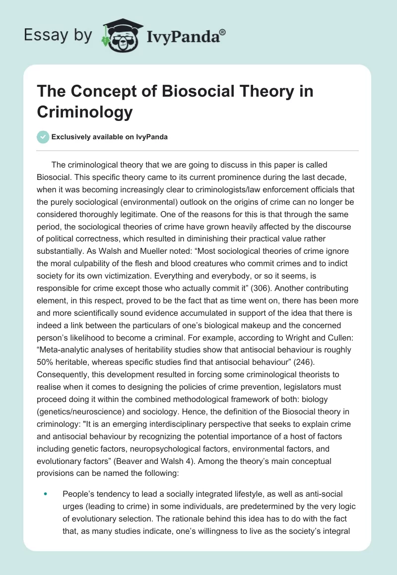 The Concept of Biosocial Theory in Criminology. Page 1