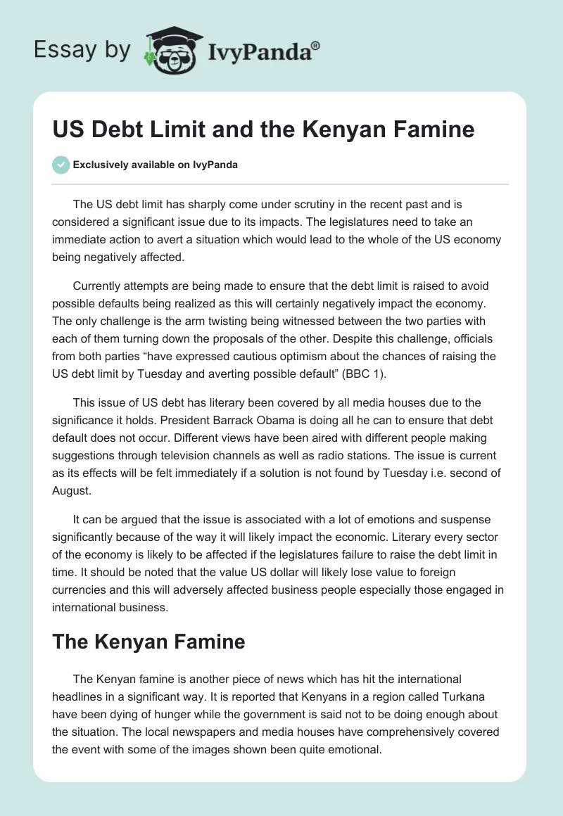 US Debt Limit and the Kenyan Famine. Page 1