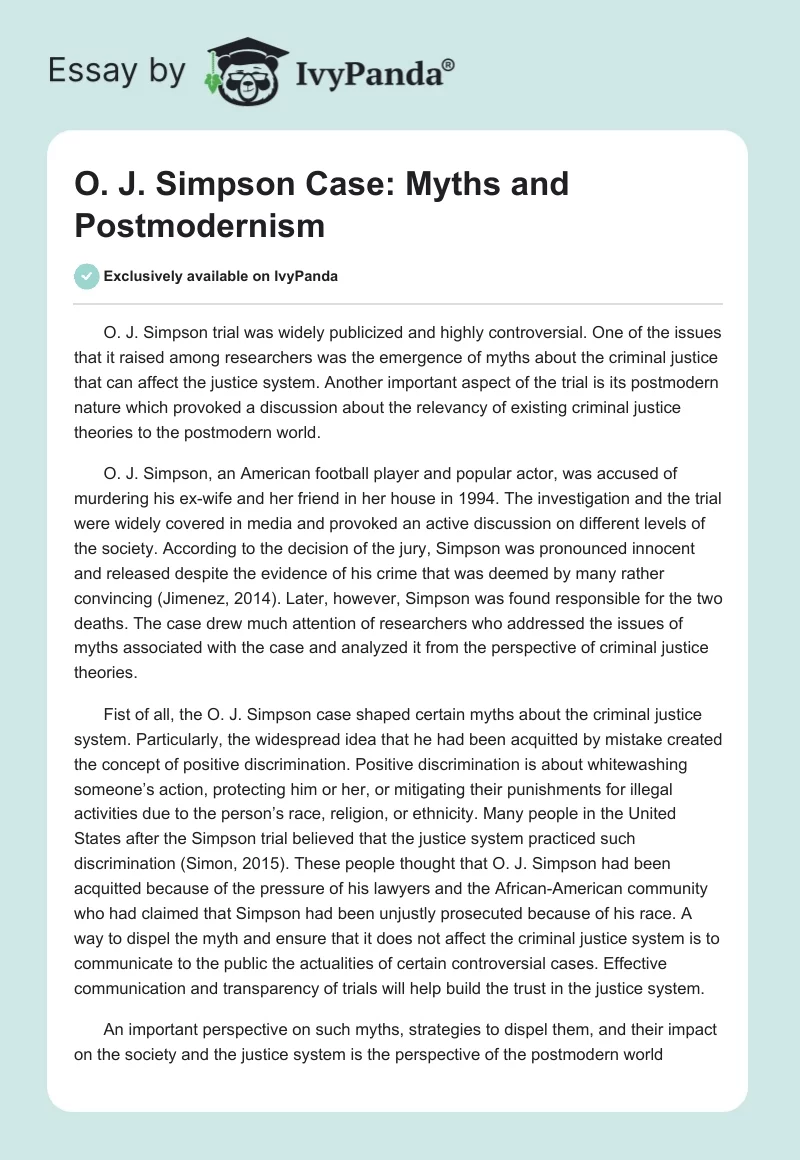 O. J. Simpson Case: Myths and Postmodernism. Page 1