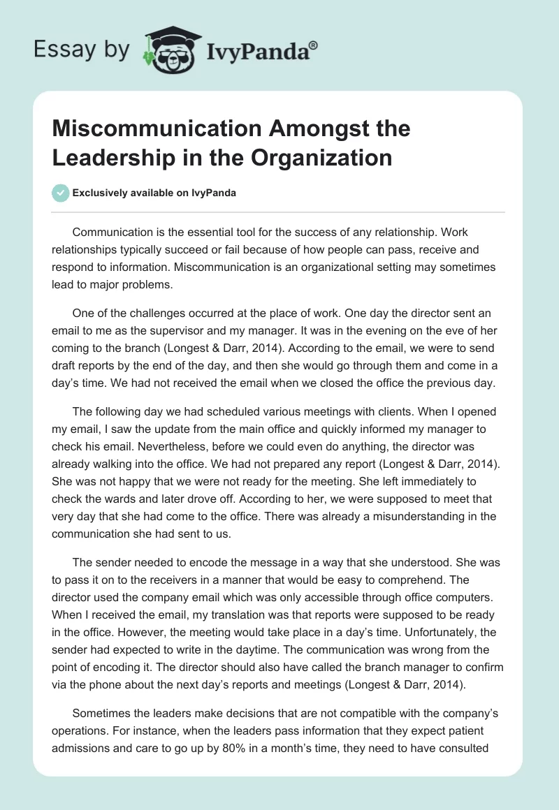 Miscommunication Amongst the Leadership in the Organization. Page 1