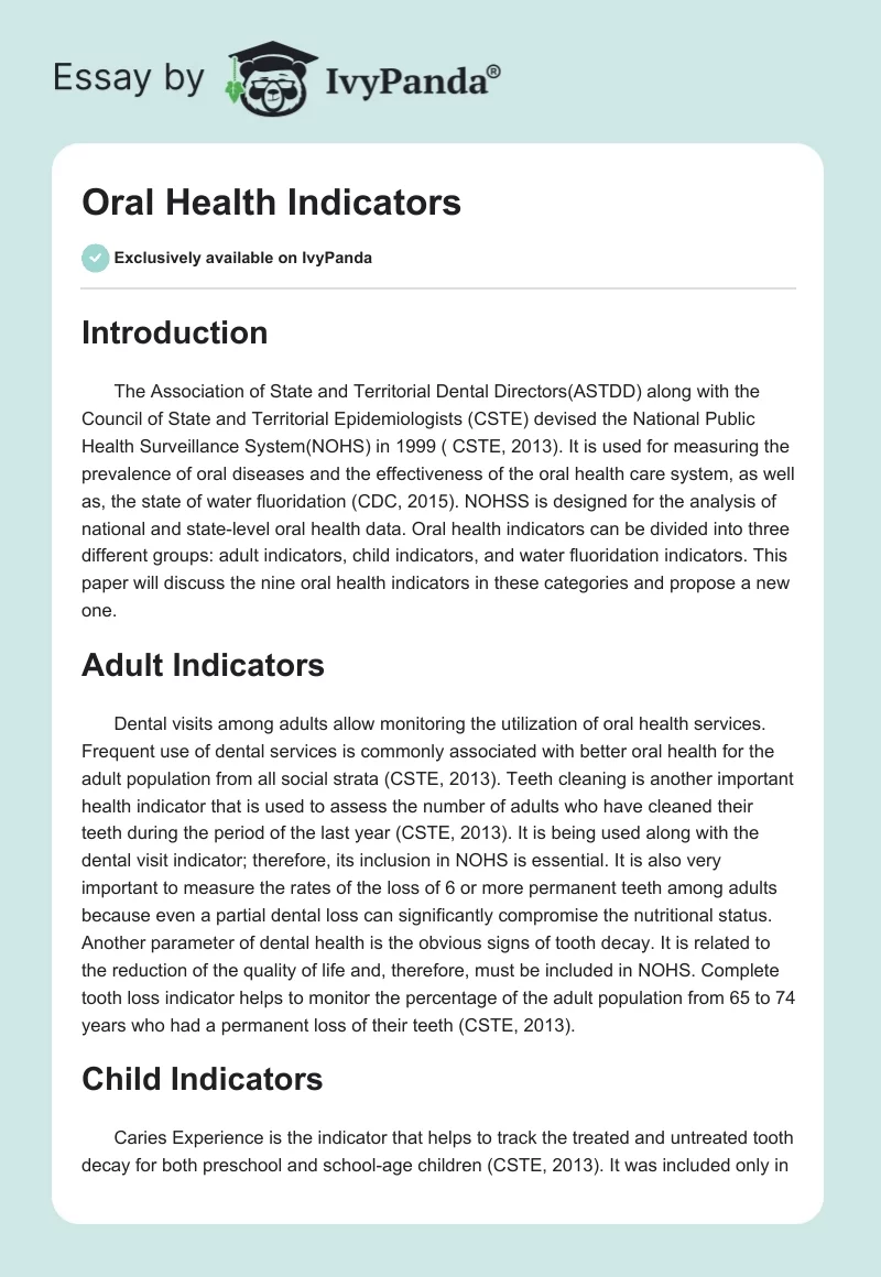 Oral Health Indicators. Page 1