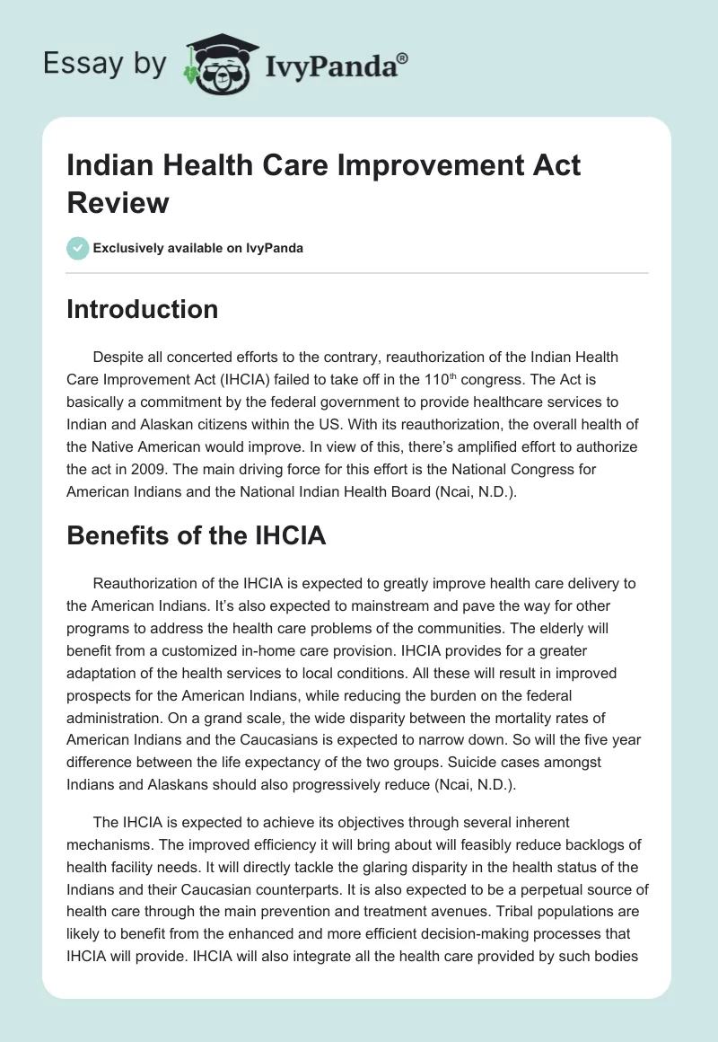 Indian Health Care Improvement Act Review. Page 1