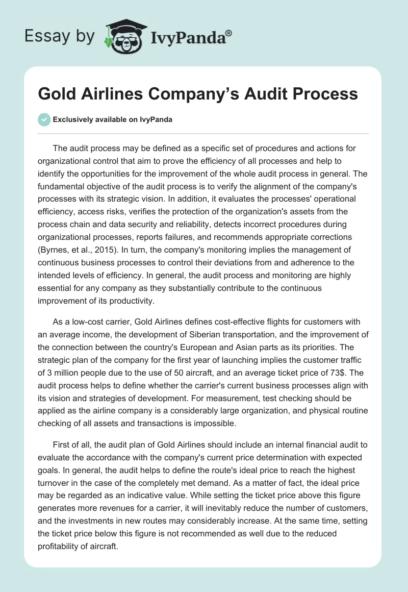 Gold Airlines Company’s Audit Process. Page 1