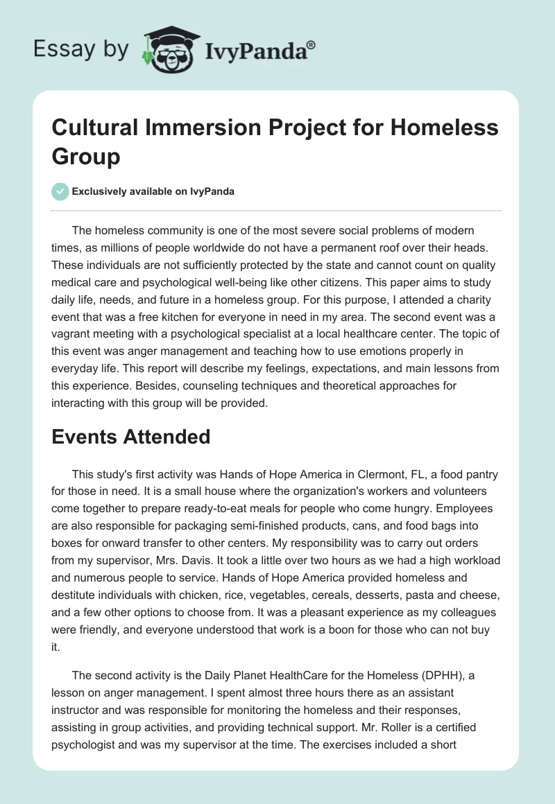 Cultural Immersion Project for Homeless Group. Page 1