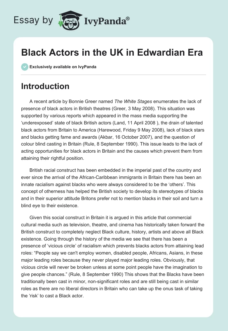 Black Actors in the UK in the Edwardian Era. Page 1