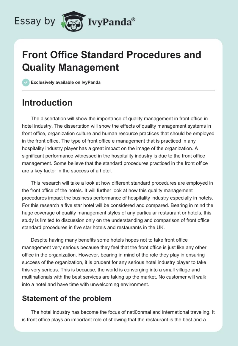 Front Office Standard Procedures and Quality Management. Page 1