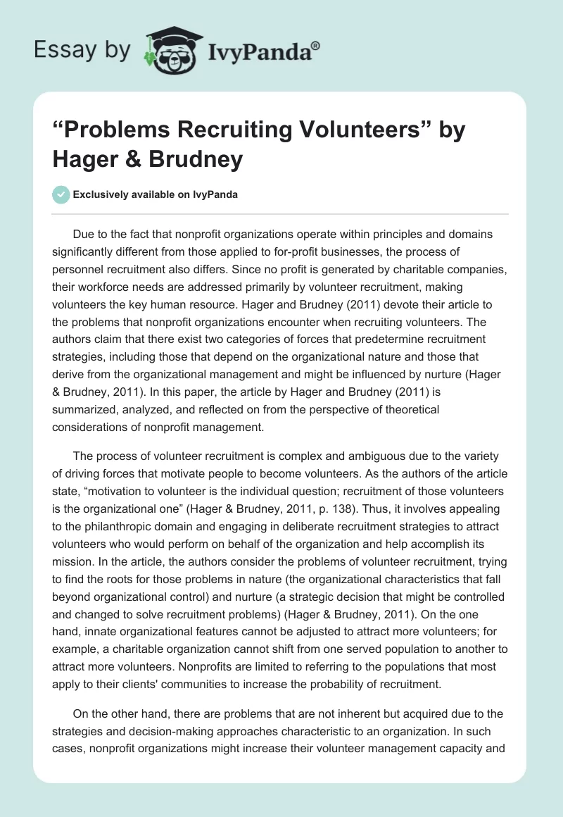 “Problems Recruiting Volunteers” by Hager & Brudney. Page 1