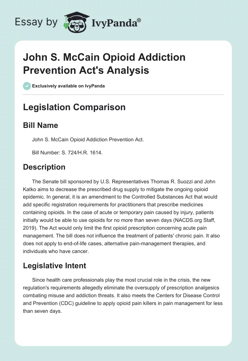 John S. McCain Opioid Addiction Prevention Act's Analysis. Page 1