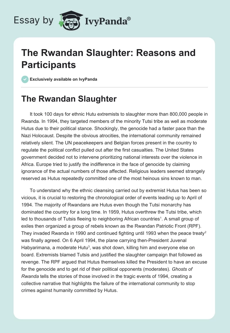 The Rwandan Slaughter: Reasons and Participants. Page 1