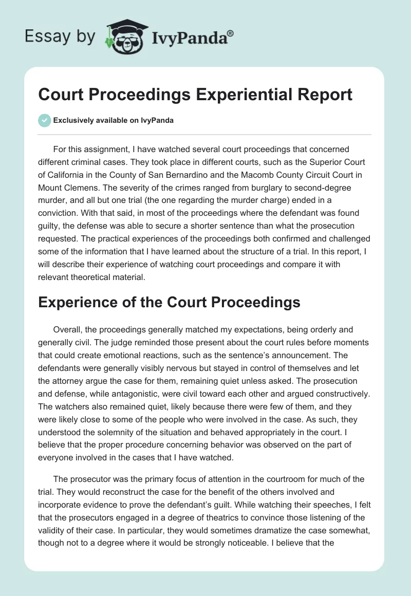 Court Proceedings Experiential Report. Page 1