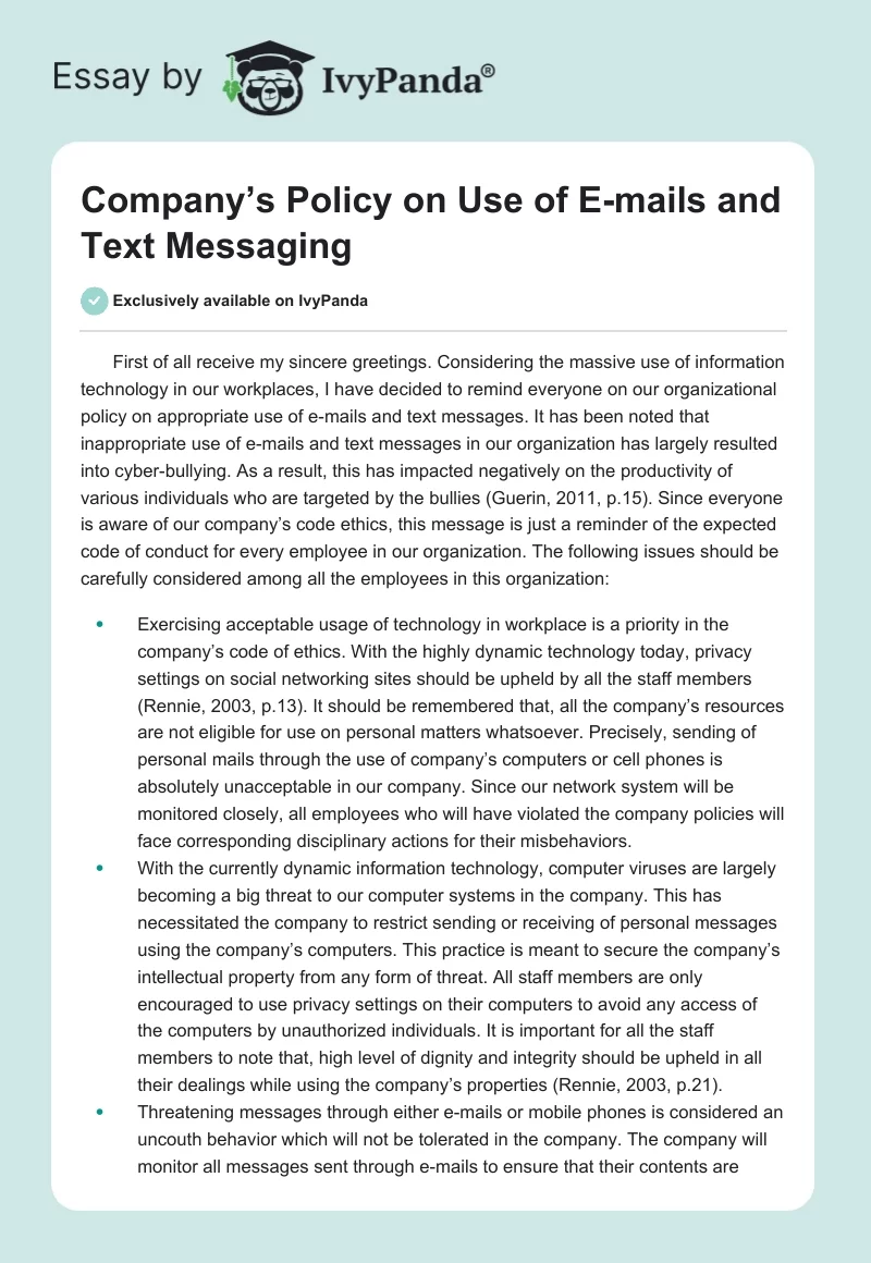 Company’s Policy on Use of E-mails and Text Messaging. Page 1