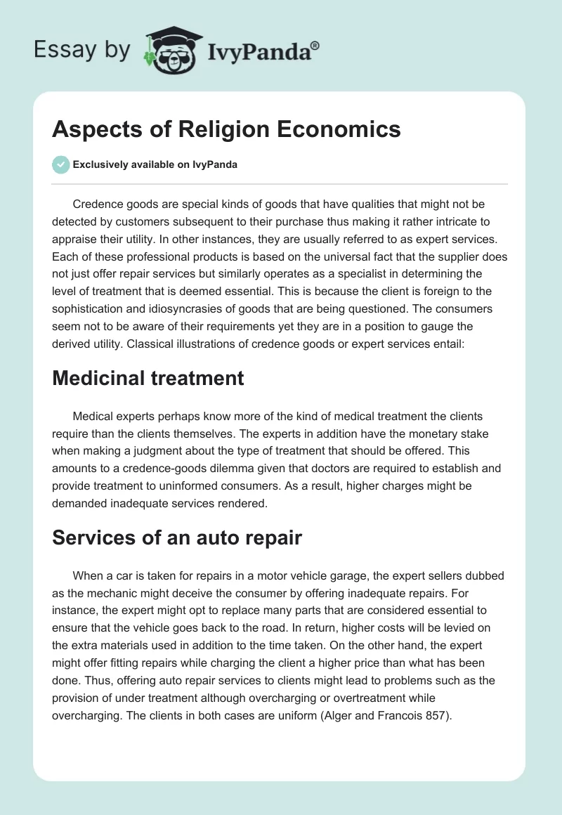 Aspects of Religion Economics. Page 1