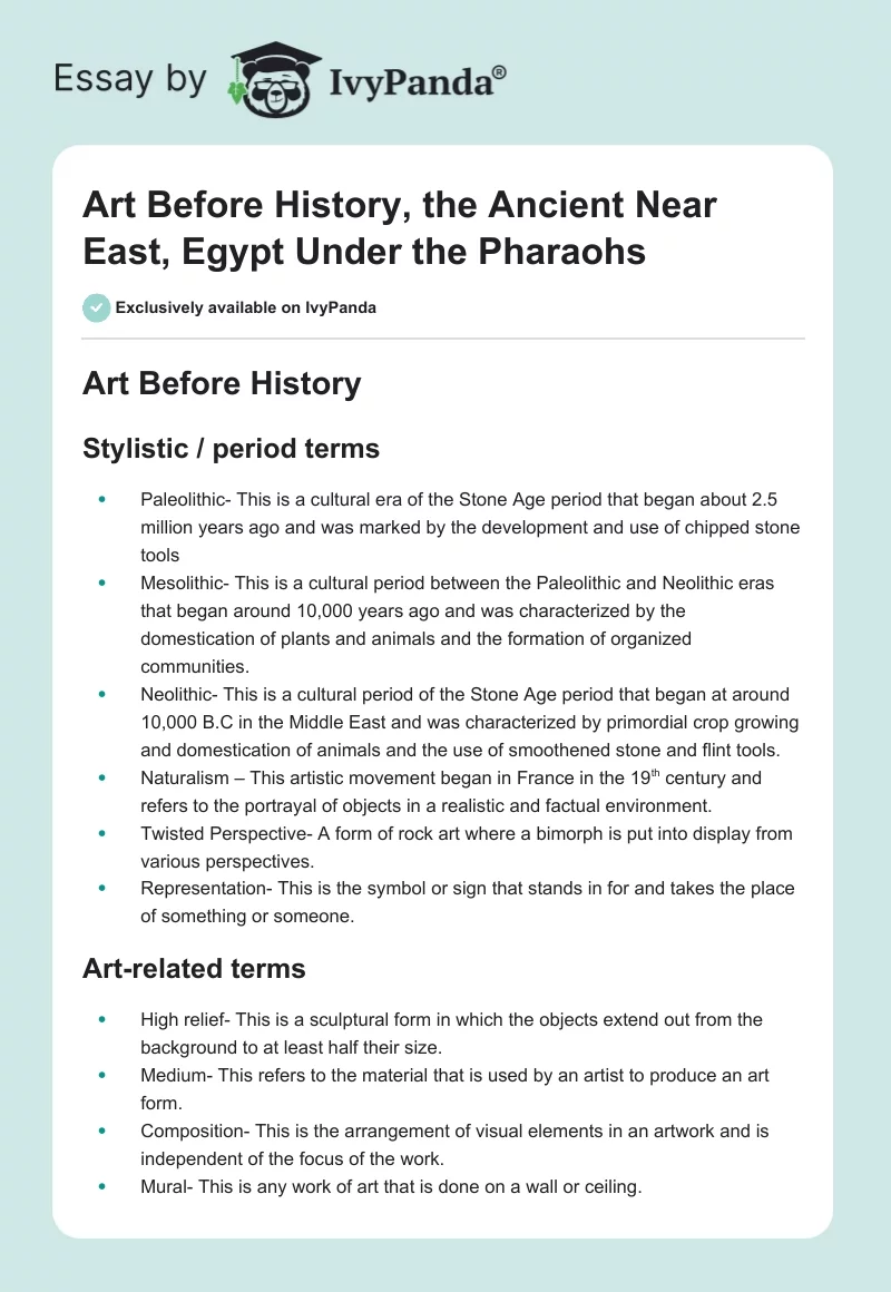 Art Before History, the Ancient Near East, Egypt Under the Pharaohs. Page 1