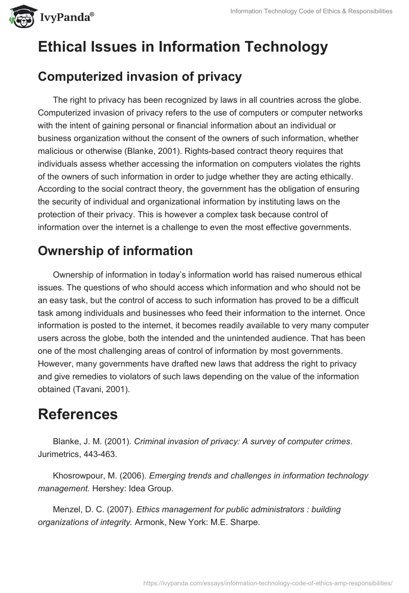 Information Technology Code of Ethics & Responsibilities. Page 2