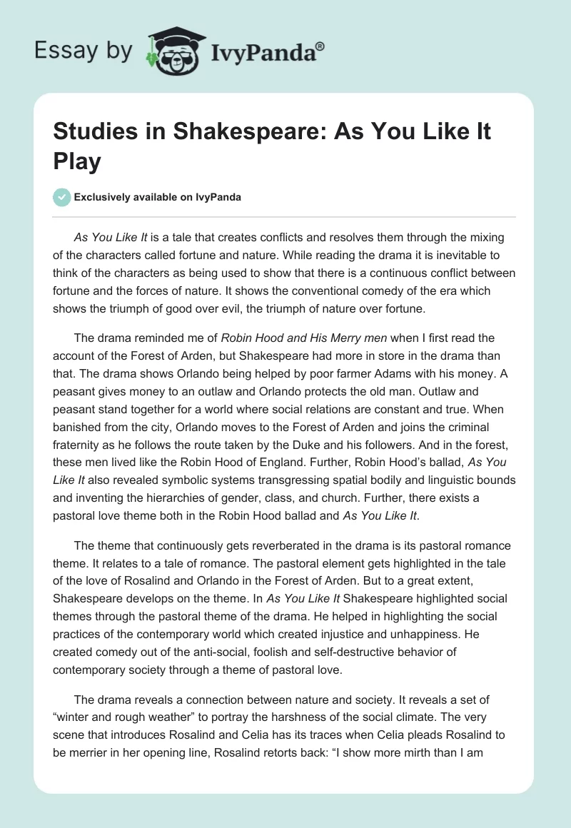 Studies in Shakespeare: "As You Like It" Play. Page 1